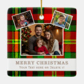 Personalized Family 3 Photo Green Plaid Christmas Keramikornament (Rückseite)