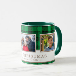 Personalized Family 3 Photo Green Plaid Christmas  Tasse