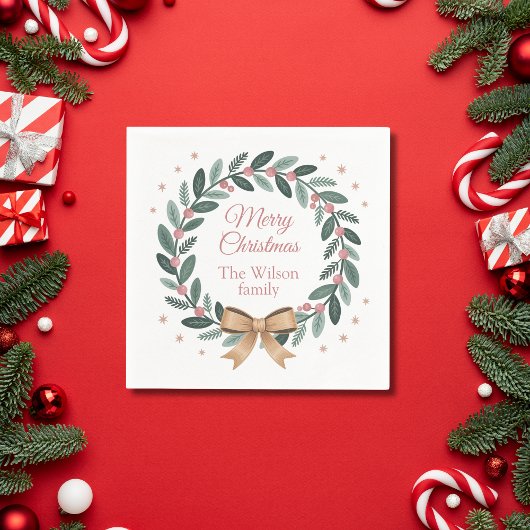Personalized Family Christmas Wreath Serviette