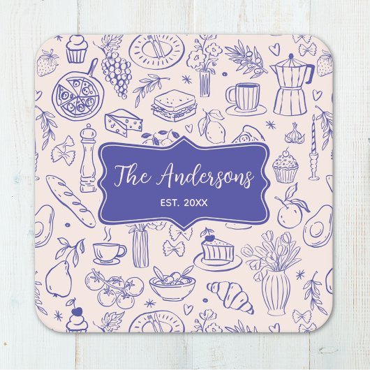 Personalized Family Name Cute Hand Drawn Food Rechteckiger Pappuntersetzer