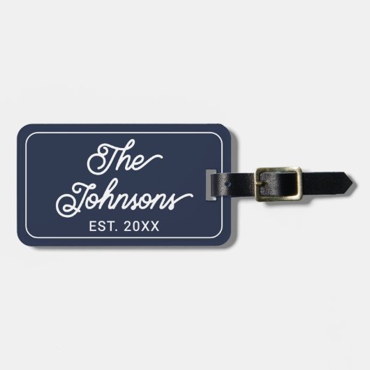 Personalized Family Name in Elegant Script Navy Gepäckanhänger (Vorderseite horizontal)
