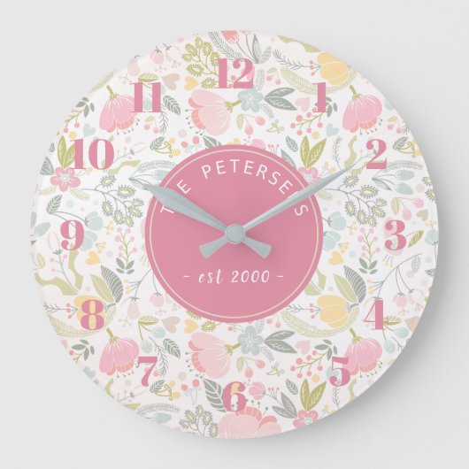 Personalized Family Name Pastel Colorful Floral Große Wanduhr (Vorderseite)