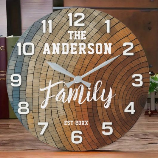 Personalized family name rustic colorful wood große wanduhr
