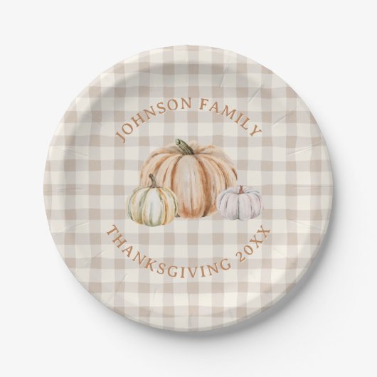 Personalized Family Name Thankful Neutral Gingham Pappteller (Vorderseite)