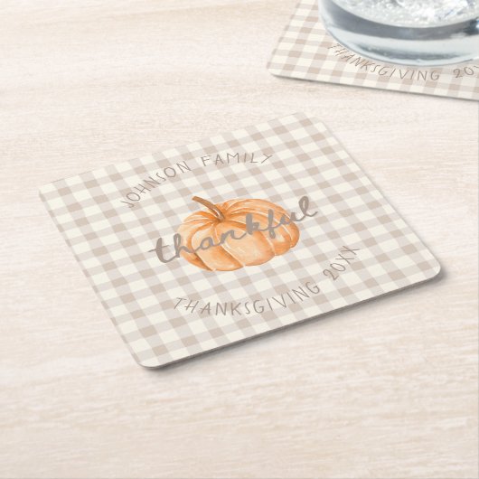 Personalized Family Name Thankful Neutral Gingham  Rechteckiger Pappuntersetzer (angewinkelt)