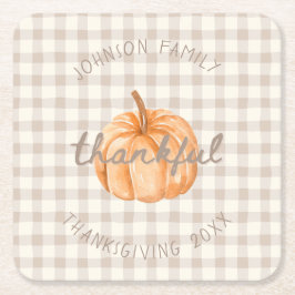 Personalized Family Name Thankful Neutral Gingham  Rechteckiger Pappuntersetzer