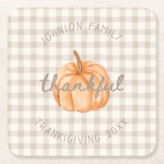 Personalized Family Name Thankful Neutral Gingham  Rechteckiger Pappuntersetzer (Vorderseite)