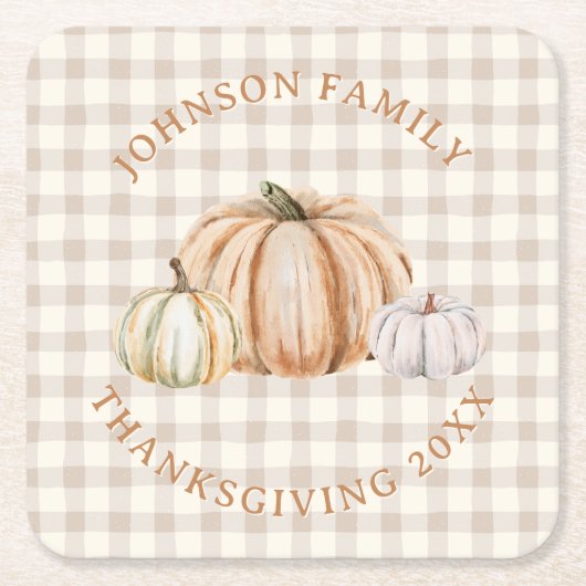 Personalized Family Name Thankful Neutral Gingham Rechteckiger Pappuntersetzer (Vorderseite)