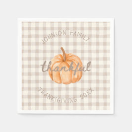 Personalized Family Name Thankful Neutral Gingham  Serviette