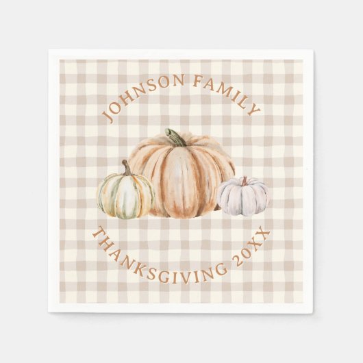 Personalized Family Name Thankful Neutral Gingham Serviette (Vorderseite)