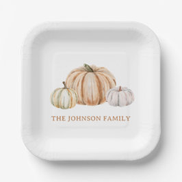 Personalized Family Name Thankful Neutral Pumpkin Pappteller