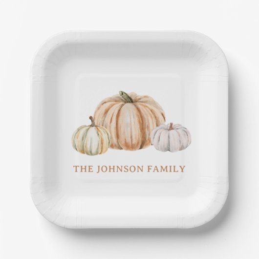 Personalized Family Name Thankful Neutral Pumpkin Pappteller (Vorderseite)