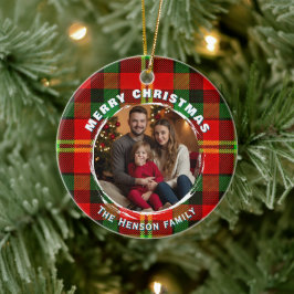 Personalized Family Photo Plaid Pattern Christmas  Keramik Ornament