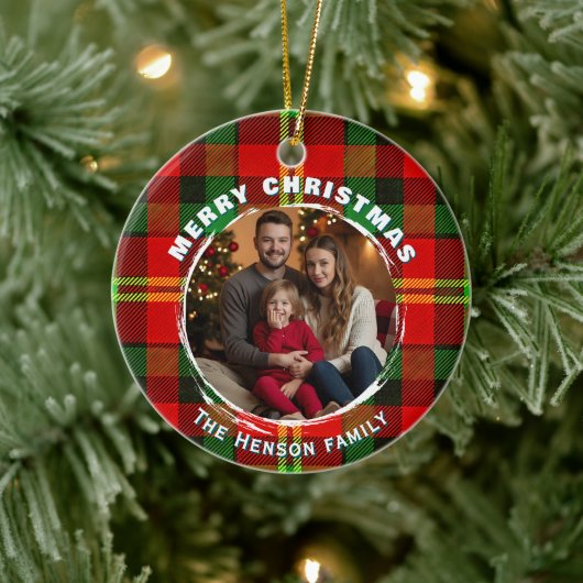 Personalized Family Photo Plaid Pattern Christmas  Keramik Ornament (Baum)