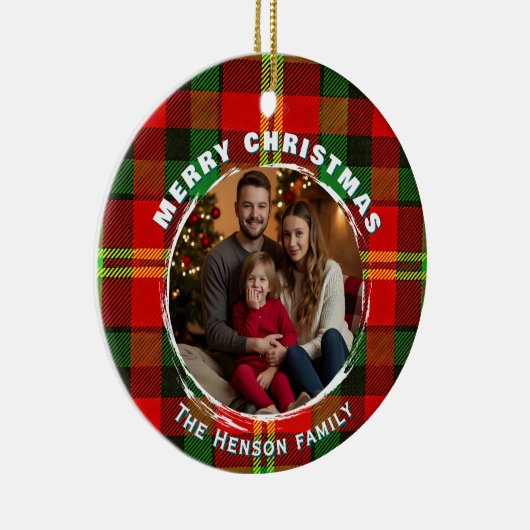 Personalized Family Photo Plaid Pattern Christmas Keramik Ornament (Rechts)