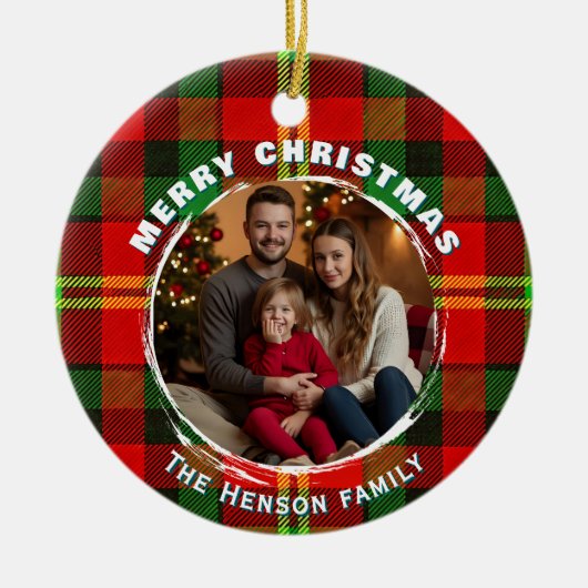 Personalized Family Photo Plaid Pattern Christmas  Keramik Ornament (Vorne)
