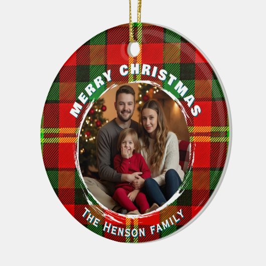 Personalized Family Photo Plaid Pattern Christmas Keramik Ornament (Links)
