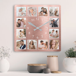 Personalized Family Photo Rose Gold Elegant Quadratische Wanduhr