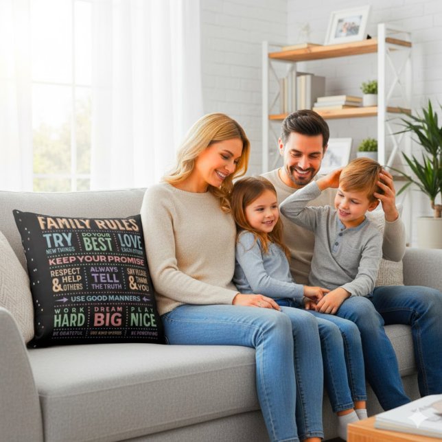 Personalized FAMILY RULES Word Art Editable Black Kissen (Von Creator hochgeladen)
