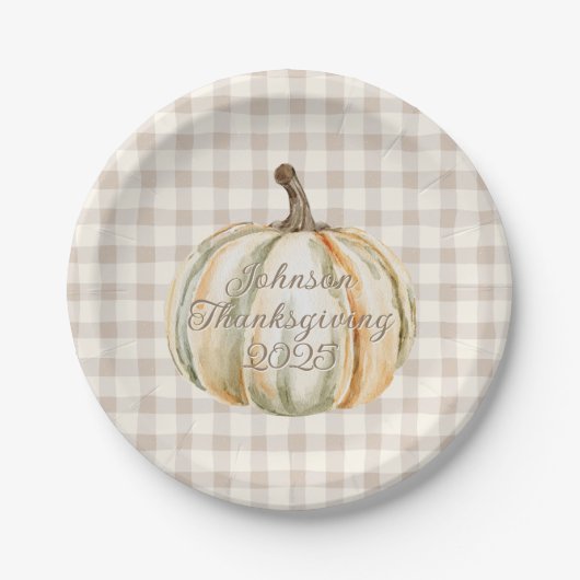 Personalized Family Thanksgiving Neutral Gingham  Pappteller (Vorderseite)