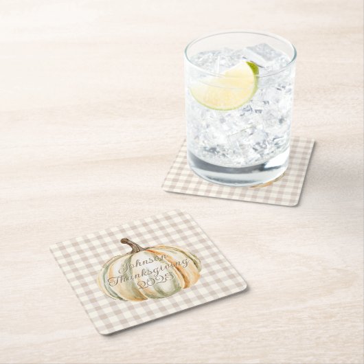 Personalized Family Thanksgiving Neutral Gingham Rechteckiger Pappuntersetzer (Vor Ort)