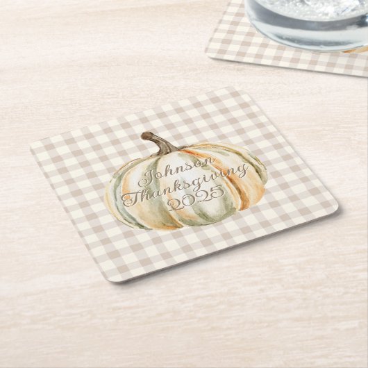 Personalized Family Thanksgiving Neutral Gingham  Rechteckiger Pappuntersetzer (angewinkelt)