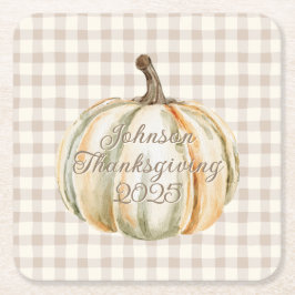 Personalized Family Thanksgiving Neutral Gingham  Rechteckiger Pappuntersetzer