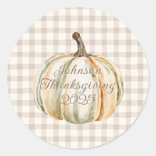 Personalized Family Thanksgiving Neutral Gingham Runder Aufkleber (Vorderseite)