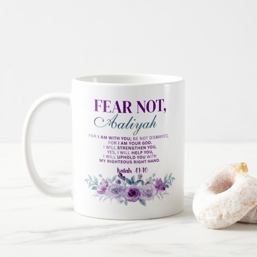 Personalized Fear Not Isaiah 41:10 Purple Floral Kaffeetasse (Mit Donut)