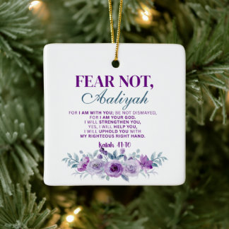 Personalized Fear Not Isaiah 41:10 Purple Floral Keramikornament