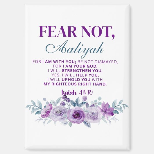 Personalized Fear Not Isaiah 41:10 Purple Floral Magnet (Vorderseite)