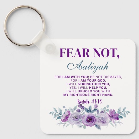 Personalized Fear Not Isaiah 41:10 Purple Floral Schlüsselanhänger (Vorderseite)