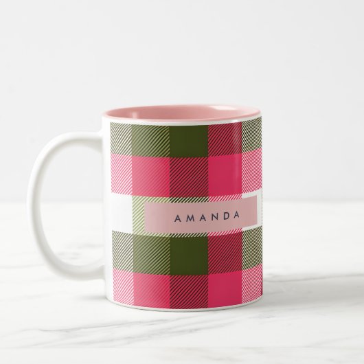 Personalized Festive Pink and Green Plaid Zweifarbige Tasse (Links)
