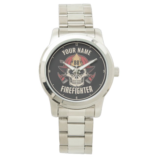 Personalized Firefighter Skull Fireman Fire Dept Armbanduhr (Vorderseite)