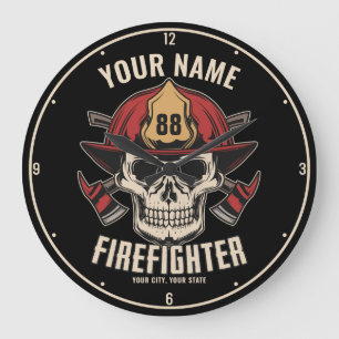 Personalized Firefighter Skull Fireman Fire Dept Große Wanduhr
