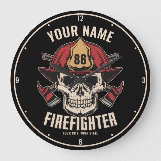 Personalized Firefighter Skull Fireman Fire Dept Große Wanduhr (Vorderseite)