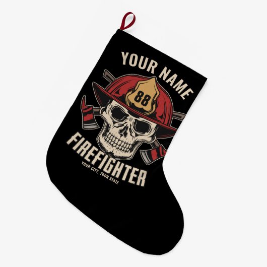 Personalized Firefighter Skull Fireman Fire Dept Großer Weihnachtsstrumpf (Vorderansicht (hängend))