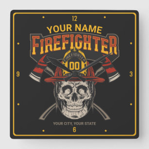 Personalized Fireman Skull Helmet Achse Firefighte Quadratische Wanduhr