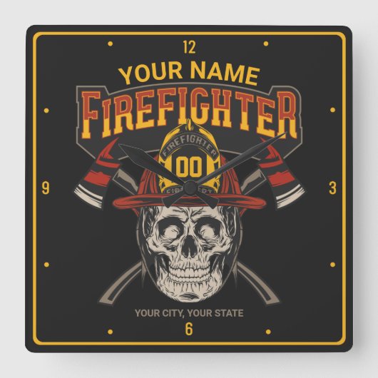 Personalized Fireman Skull Helmet Achse Firefighte Quadratische Wanduhr (Vorderseite)