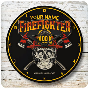 Personalized Fireman Skull Helmet Axe Firefighter Große Wanduhr