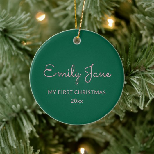 Personalized First Christmas Baby Photo Name Green Keramik Ornament (Baum)
