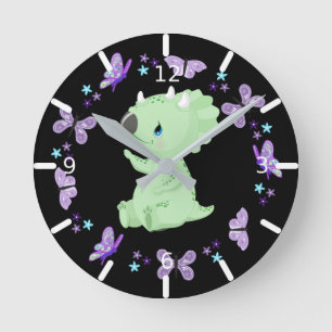 Personalized Floral Baby Triceratops & Butterflies Runde Wanduhr
