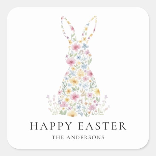 Personalized Floral Easter Bunny | Custom Quadratischer Aufkleber (Vorderseite)