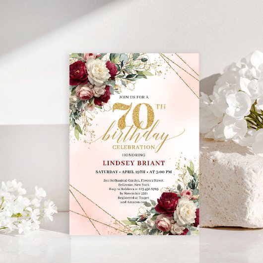 Personalized floral gold 70th birthday invite card einladung