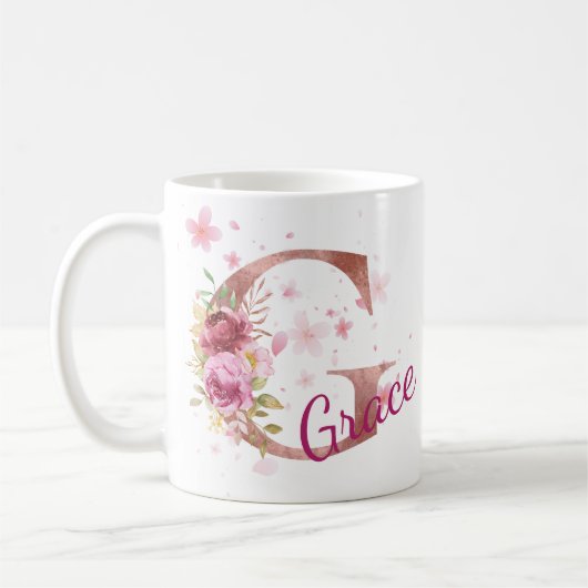 Personalized Floral Initial Mug – Letter G Kaffeetasse (Links)
