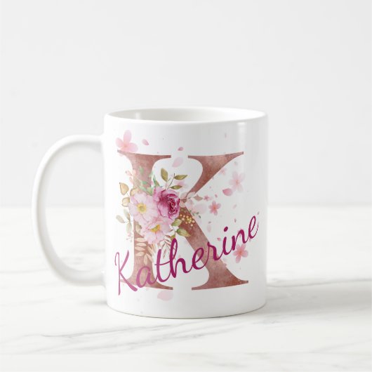 Personalized Floral Initial Mug – Letter K Kaffeetasse (Links)
