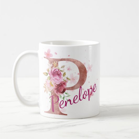 Personalized Floral Initial Mug – Letter P Kaffeetasse (Links)