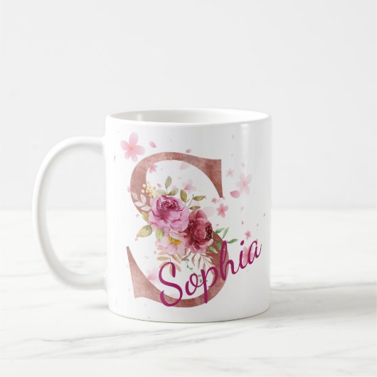 Personalized Floral Initial Mug – Letter S Kaffeetasse (Links)