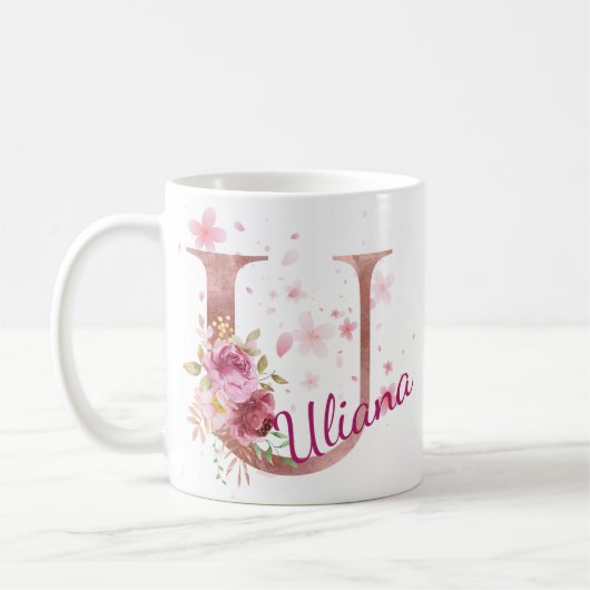 Personalized Floral Initial Mug – Letter U Kaffeetasse (Links)