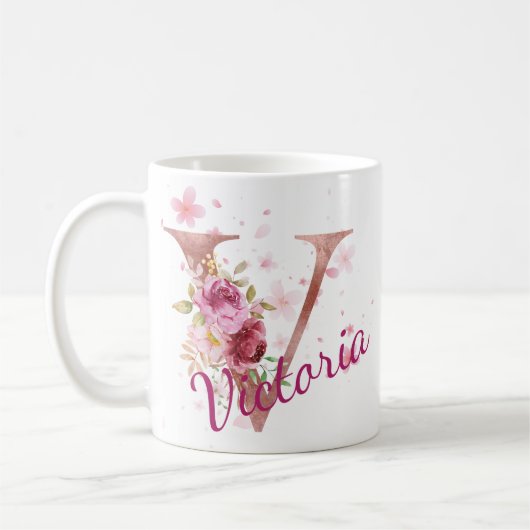 Personalized Floral Initial Mug – Letter V Kaffeetasse (Links)